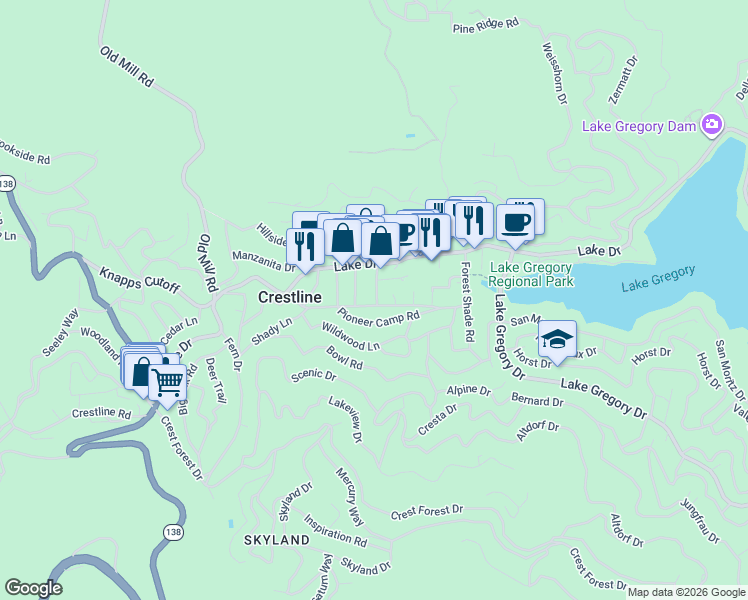 map of restaurants, bars, coffee shops, grocery stores, and more near 632 Wildrose Lane in Crestline
