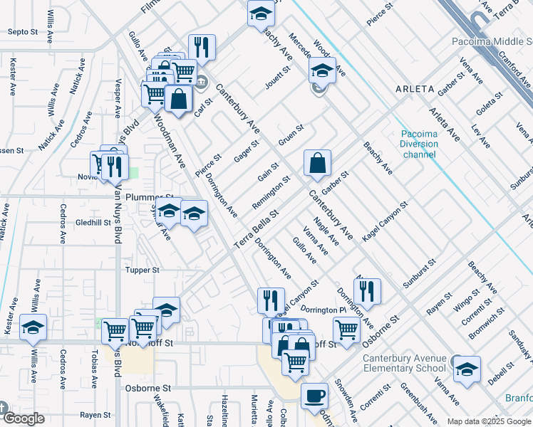 map of restaurants, bars, coffee shops, grocery stores, and more near 14143 Terra Bella Street in Los Angeles