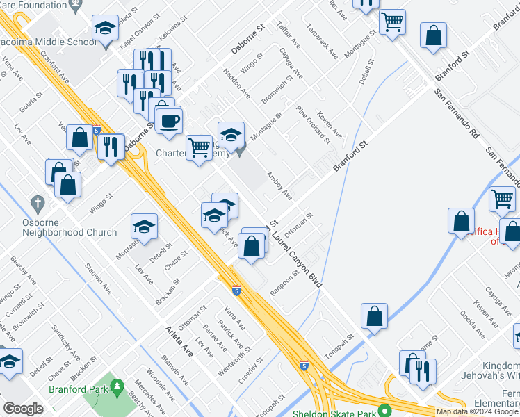 map of restaurants, bars, coffee shops, grocery stores, and more near 9502 Laurel Canyon Boulevard in Los Angeles