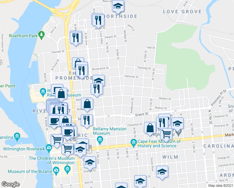 map of restaurants, bars, coffee shops, grocery stores, and more near 713 Red Cross Street in Wilmington