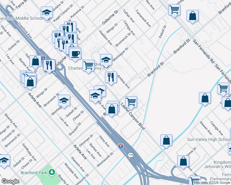 map of restaurants, bars, coffee shops, grocery stores, and more near 9502 Laurel Canyon Boulevard in Los Angeles