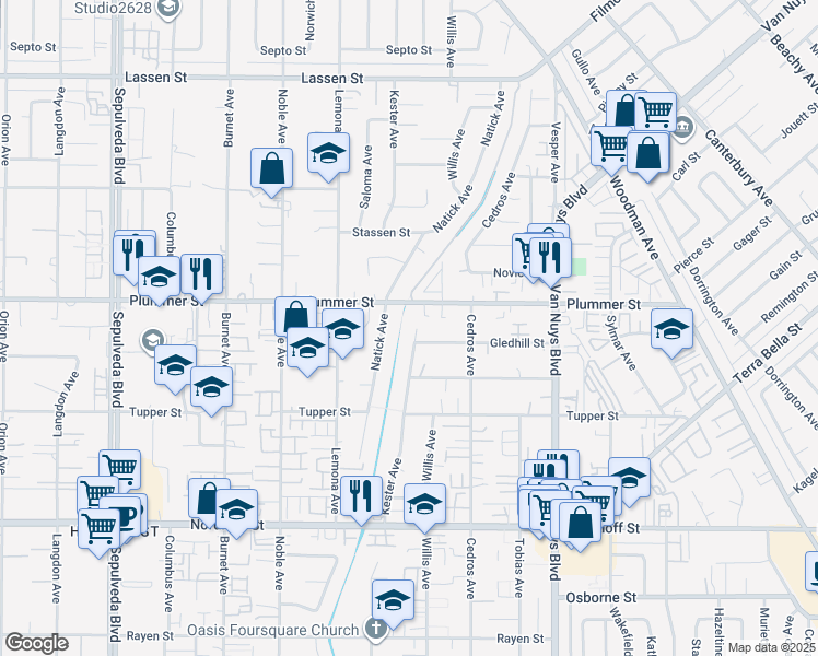 map of restaurants, bars, coffee shops, grocery stores, and more near 9442 Natick Avenue in Los Angeles