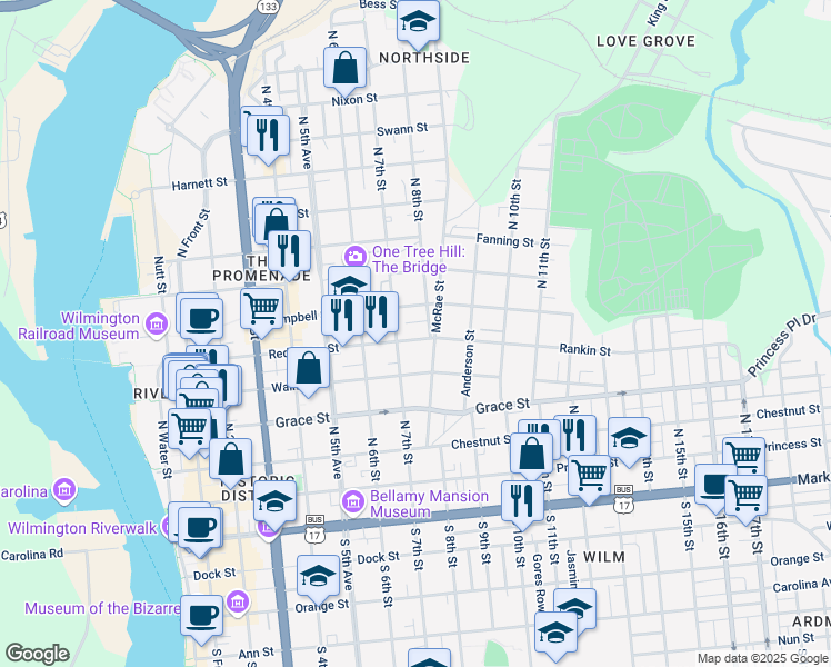 map of restaurants, bars, coffee shops, grocery stores, and more near 713 Red Cross Street in Wilmington