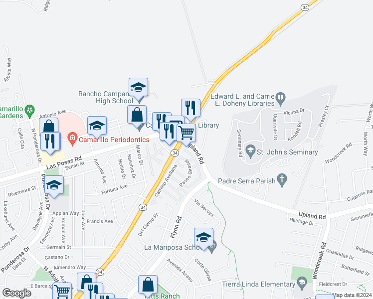 map of restaurants, bars, coffee shops, grocery stores, and more near 4525 Del Rayo Court in Camarillo