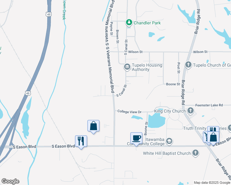 map of restaurants, bars, coffee shops, grocery stores, and more near 812 South Canal Street in Tupelo
