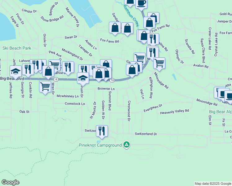 map of restaurants, bars, coffee shops, grocery stores, and more near 572 Ponderosa Drive in Big Bear Lake