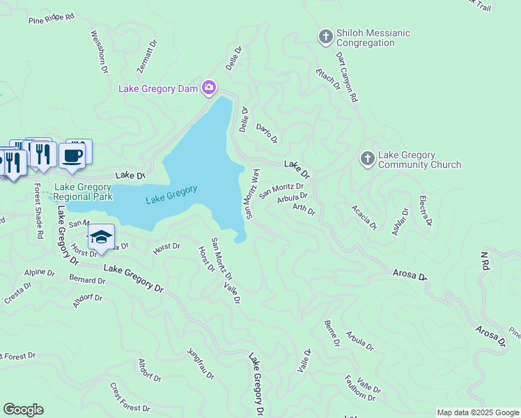 map of restaurants, bars, coffee shops, grocery stores, and more near 652 Arbula Drive in Crestline