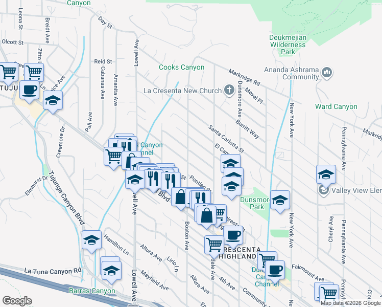 map of restaurants, bars, coffee shops, grocery stores, and more near 4720 Boston Avenue in Glendale
