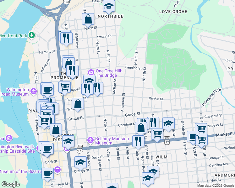 map of restaurants, bars, coffee shops, grocery stores, and more near 807 Rankin Street in Wilmington