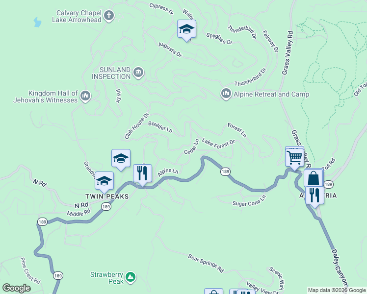 map of restaurants, bars, coffee shops, grocery stores, and more near 531 Rose Lane in Lake Arrowhead