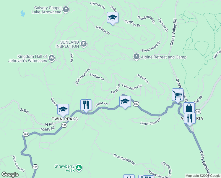 map of restaurants, bars, coffee shops, grocery stores, and more near 531 Rose Lane in Lake Arrowhead