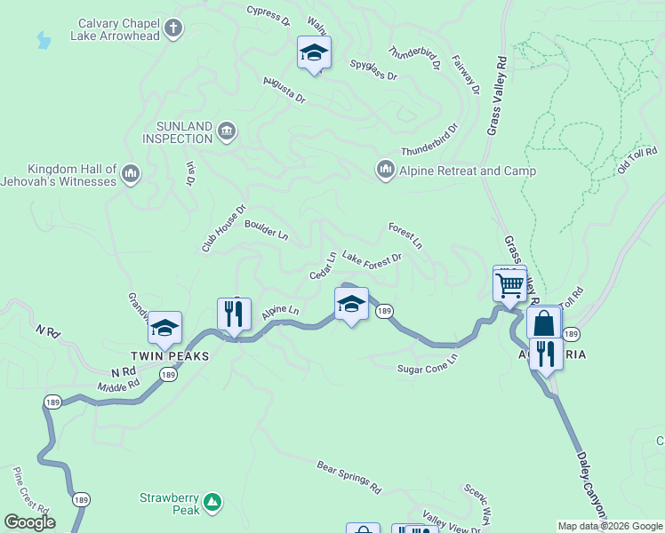 map of restaurants, bars, coffee shops, grocery stores, and more near 620 Cedar Lane in Lake Arrowhead