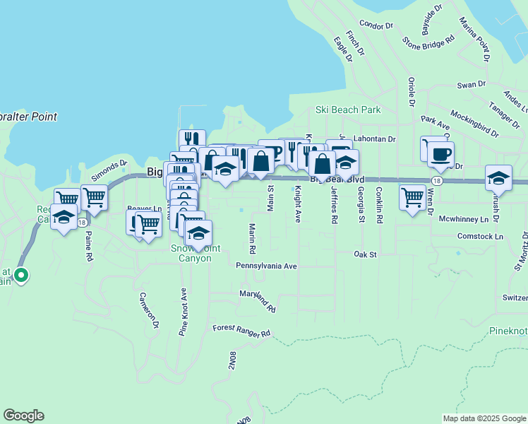 map of restaurants, bars, coffee shops, grocery stores, and more near 609 Marin Road in Big Bear Lake