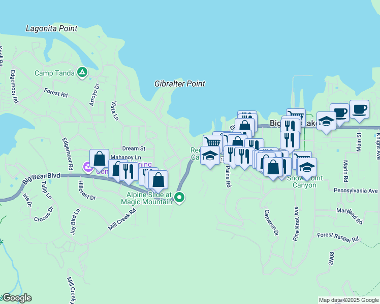 map of restaurants, bars, coffee shops, grocery stores, and more near 606 Spruce Road in Big Bear Lake