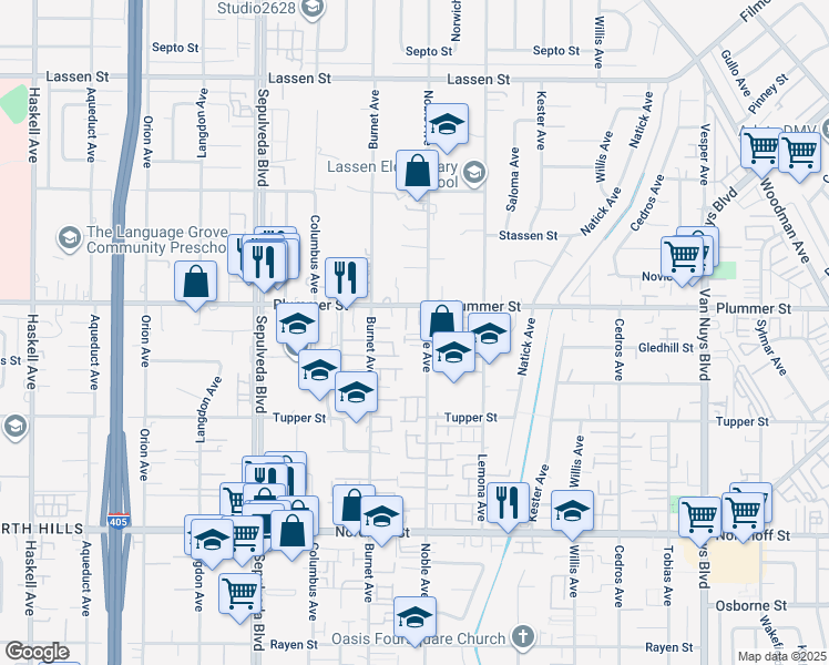 map of restaurants, bars, coffee shops, grocery stores, and more near 9435 Noble Avenue in Los Angeles