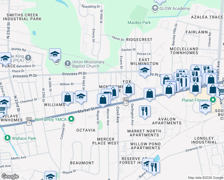 map of restaurants, bars, coffee shops, grocery stores, and more near 113 North 31st Street in Wilmington