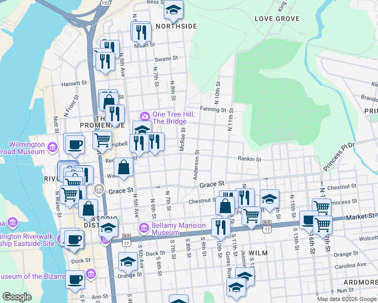 map of restaurants, bars, coffee shops, grocery stores, and more near 507 Anderson Street in Wilmington