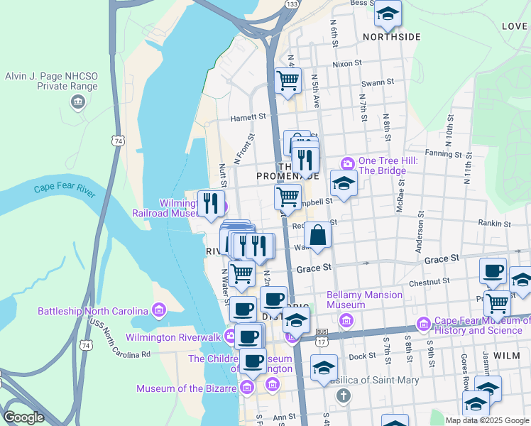 map of restaurants, bars, coffee shops, grocery stores, and more near 524 North 2nd Street in Wilmington