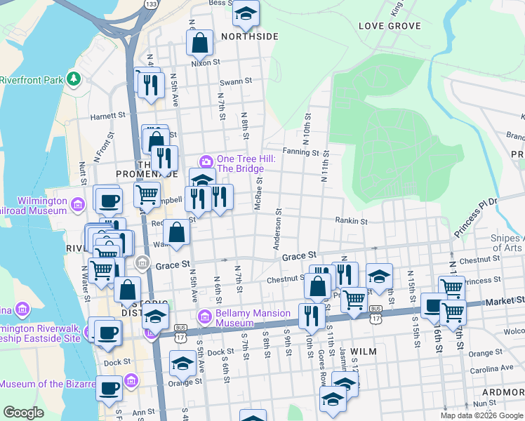 map of restaurants, bars, coffee shops, grocery stores, and more near 803 Rankin Street in Wilmington