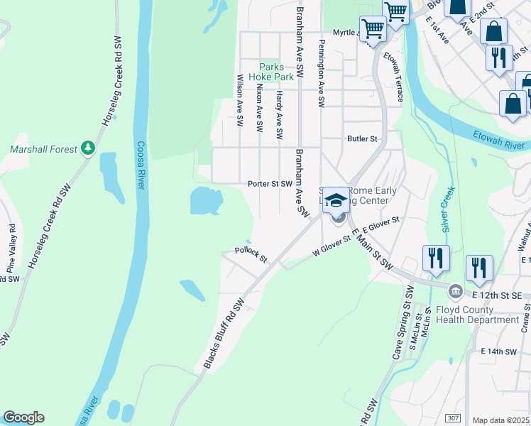 map of restaurants, bars, coffee shops, grocery stores, and more near 609 Nixon Avenue Southwest in Rome