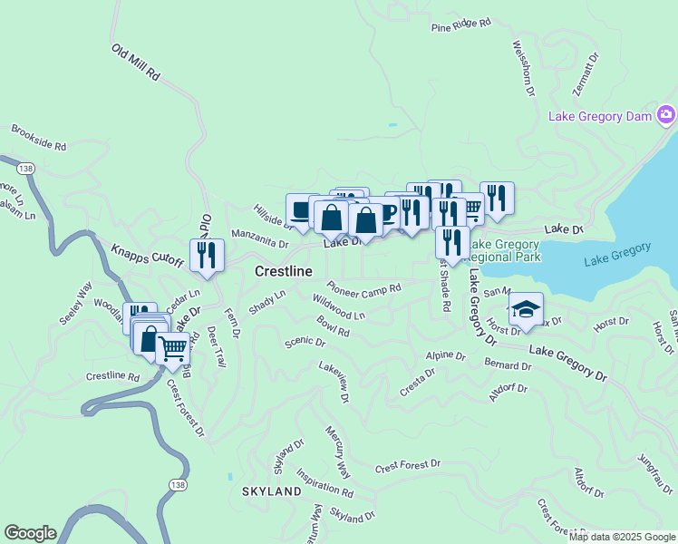 map of restaurants, bars, coffee shops, grocery stores, and more near 628 Alder Road in Crestline