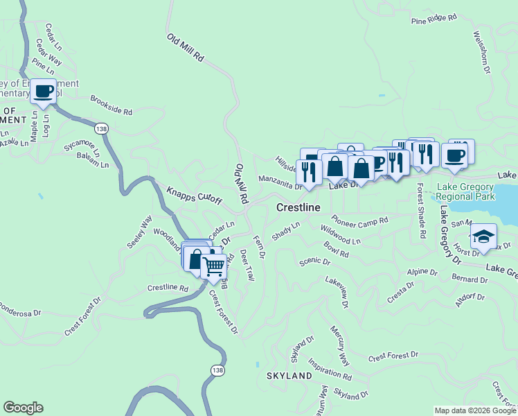 map of restaurants, bars, coffee shops, grocery stores, and more near 620 Rose Hill Drive in Crestline