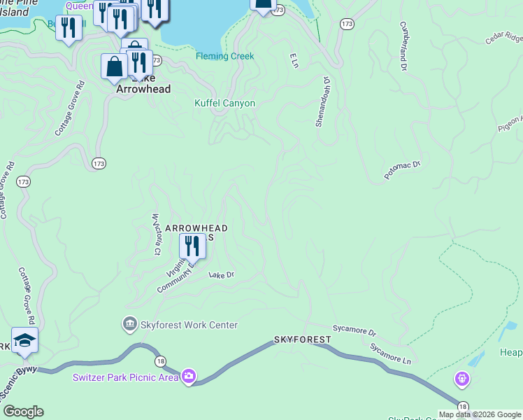 map of restaurants, bars, coffee shops, grocery stores, and more near 628 South Kuffel Canyon Road in Lake Arrowhead
