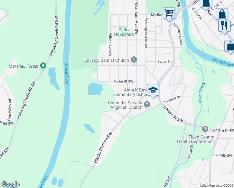 map of restaurants, bars, coffee shops, grocery stores, and more near 608 Nixon Avenue Southwest in Rome