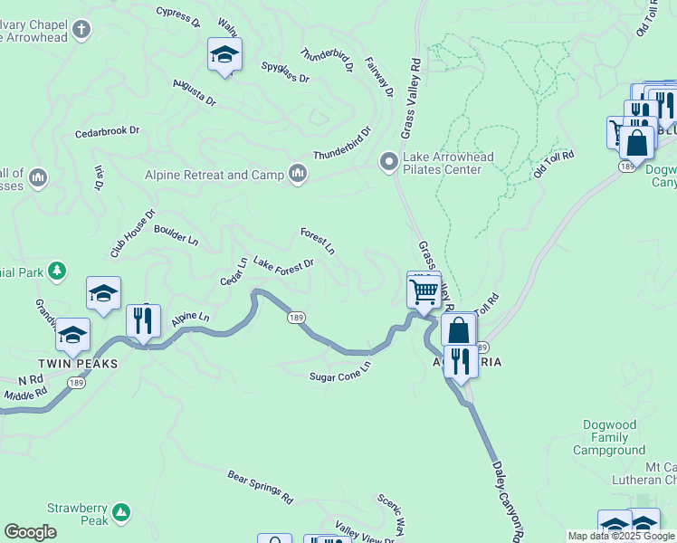 map of restaurants, bars, coffee shops, grocery stores, and more near 26576 Lake Forest Drive in Twin Peaks