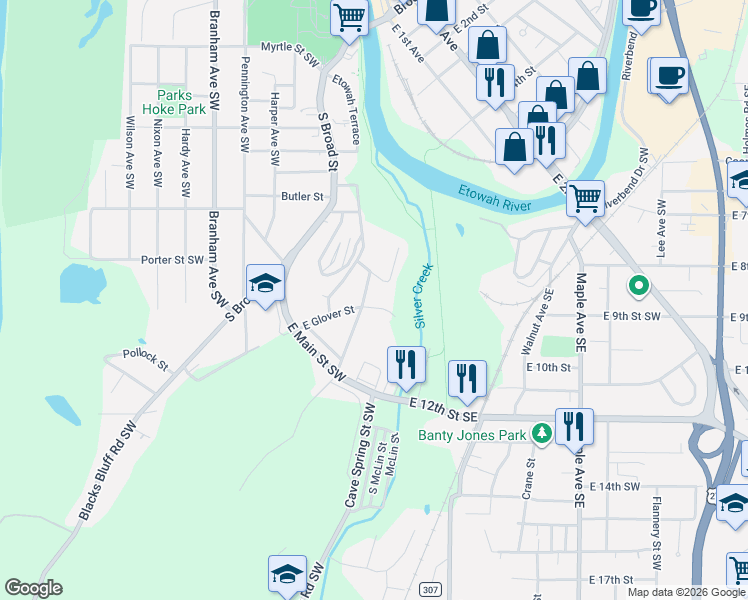 map of restaurants, bars, coffee shops, grocery stores, and more near 103 East Glover Street in Rome