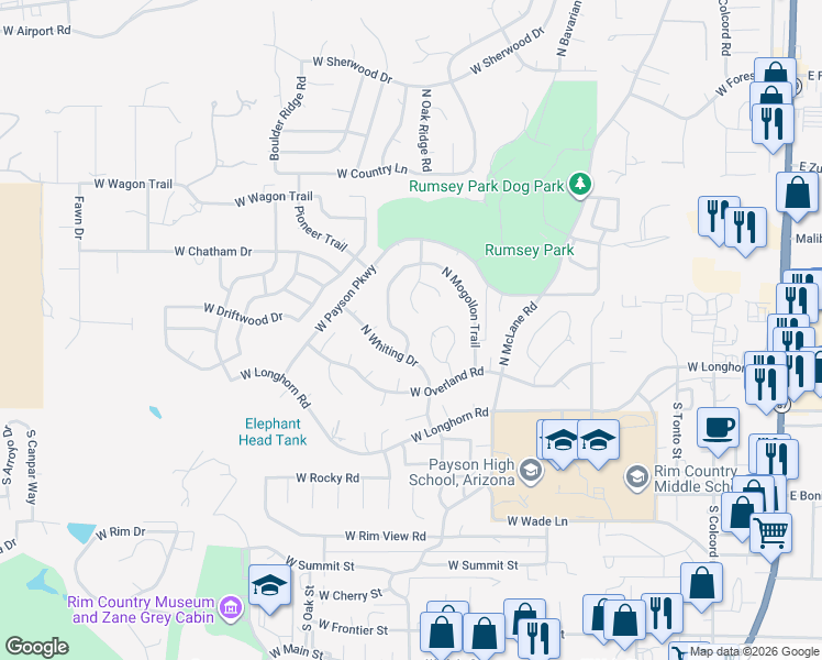 map of restaurants, bars, coffee shops, grocery stores, and more near 207 North Stagecoach Pass in Payson