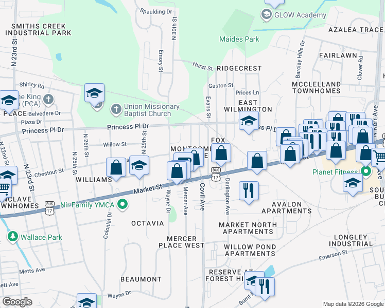 map of restaurants, bars, coffee shops, grocery stores, and more near 113 North 31st Street in Wilmington
