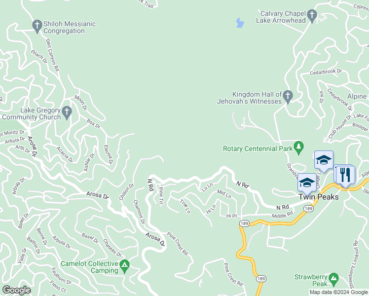 map of restaurants, bars, coffee shops, grocery stores, and more near 721 Chillon Drive in Crestline