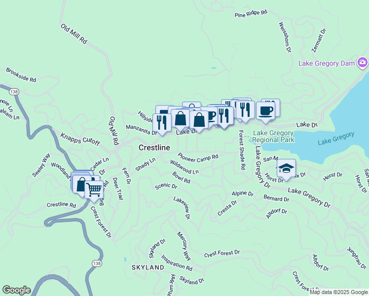map of restaurants, bars, coffee shops, grocery stores, and more near 628 Alder Road in Crestline