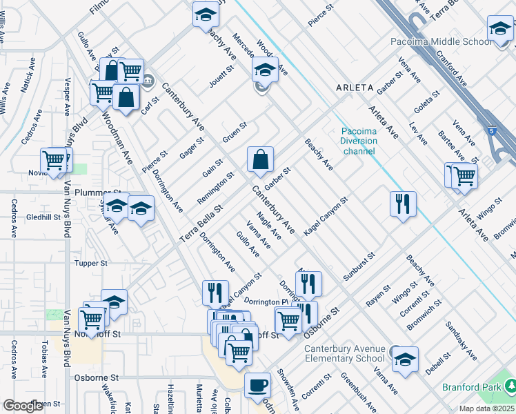 map of restaurants, bars, coffee shops, grocery stores, and more near 9464 Nagle Avenue in Los Angeles