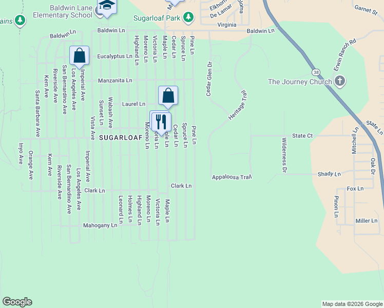 map of restaurants, bars, coffee shops, grocery stores, and more near 568 Pine Lane in Big Bear