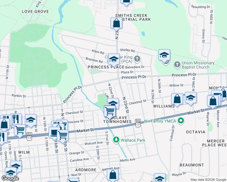 map of restaurants, bars, coffee shops, grocery stores, and more near 220 N 22nd St in Wilmington