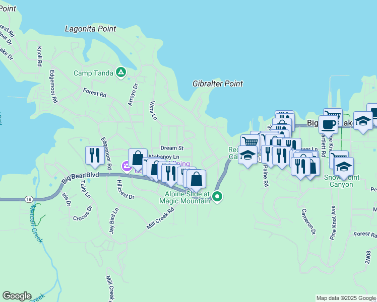 map of restaurants, bars, coffee shops, grocery stores, and more near 40263 Dream Street in Big Bear Lake