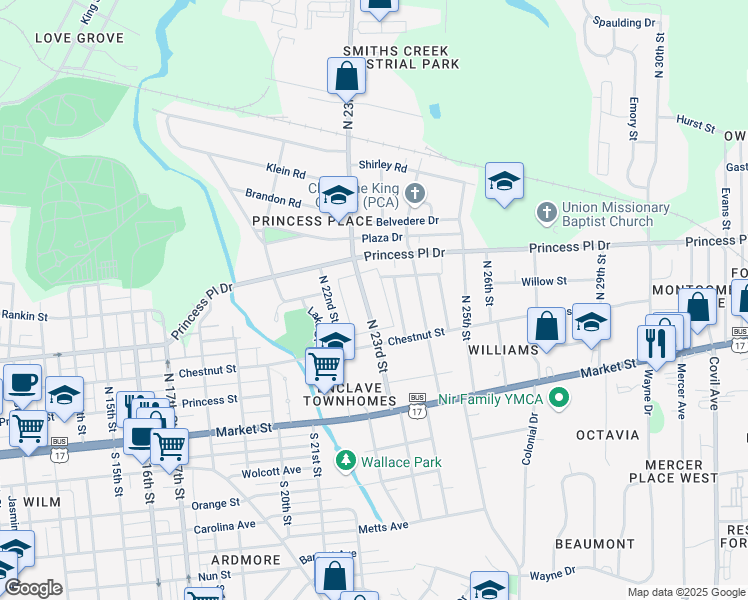 map of restaurants, bars, coffee shops, grocery stores, and more near 302 North 23rd Street in Wilmington