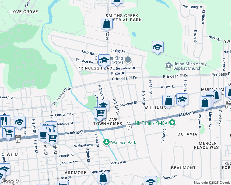 map of restaurants, bars, coffee shops, grocery stores, and more near 302 North 23rd Street in Wilmington