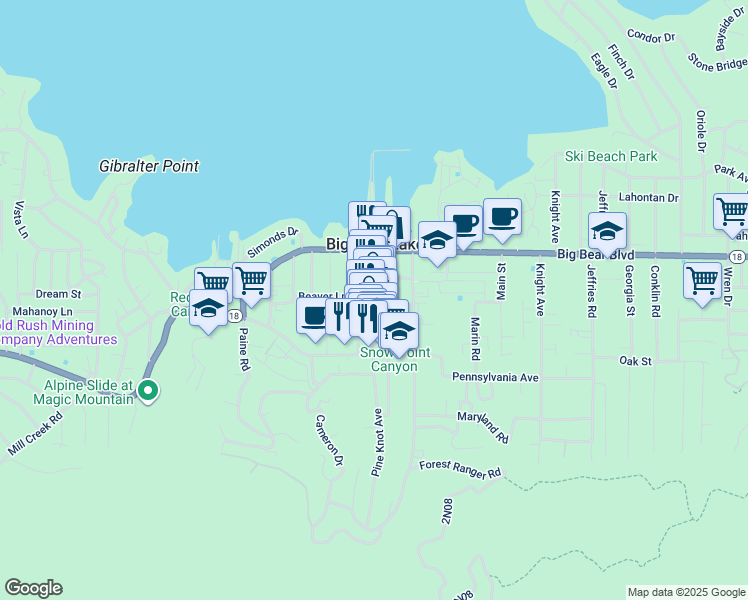 map of restaurants, bars, coffee shops, grocery stores, and more near 582 Pine Knot Avenue in Big Bear Lake