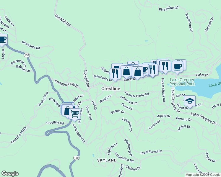 map of restaurants, bars, coffee shops, grocery stores, and more near 24514 Albrun Drive in Crestline
