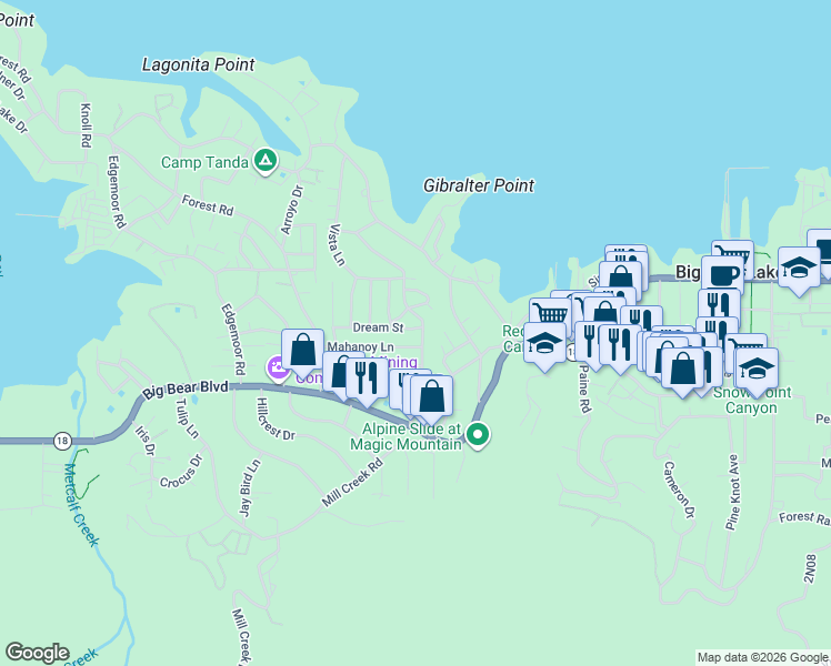 map of restaurants, bars, coffee shops, grocery stores, and more near 40263 Dream Street in Big Bear Lake