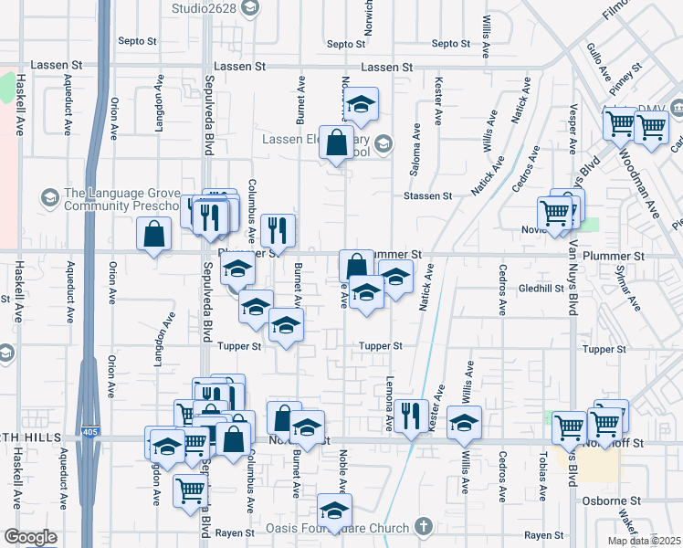 map of restaurants, bars, coffee shops, grocery stores, and more near 9435 Noble Avenue in Los Angeles