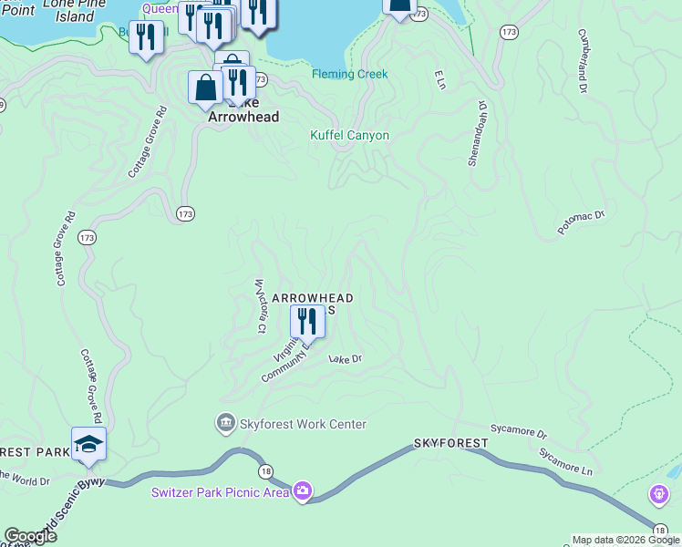 map of restaurants, bars, coffee shops, grocery stores, and more near 628 Arrowhead Villa Road in Lake Arrowhead