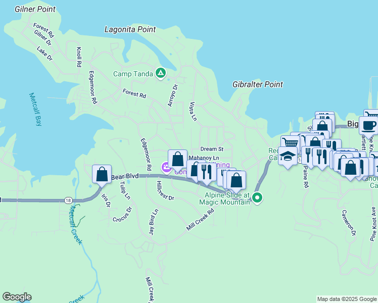 map of restaurants, bars, coffee shops, grocery stores, and more near 594 Lakewood Lane in Big Bear Lake