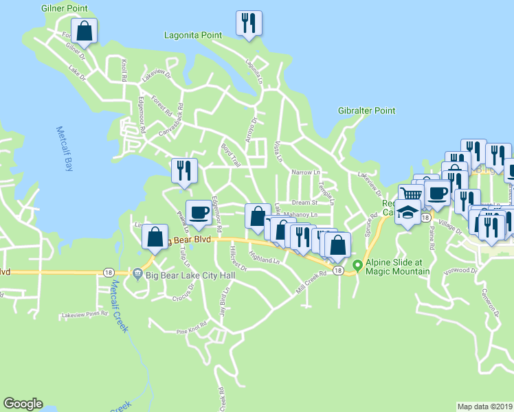 map of restaurants, bars, coffee shops, grocery stores, and more near 587 Highland Lane in Big Bear Lake