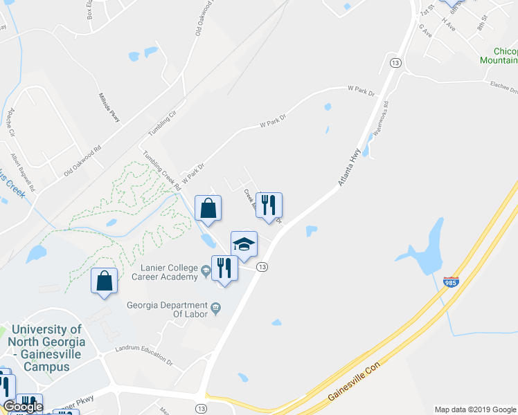 map of restaurants, bars, coffee shops, grocery stores, and more near 2630 Creek Mill Lane in Gainesville