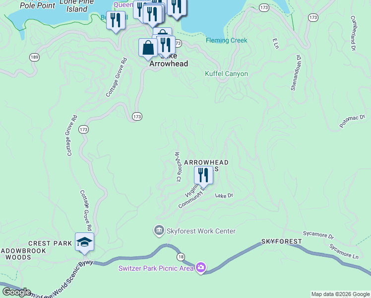 map of restaurants, bars, coffee shops, grocery stores, and more near 617 Virginia Court in Lake Arrowhead