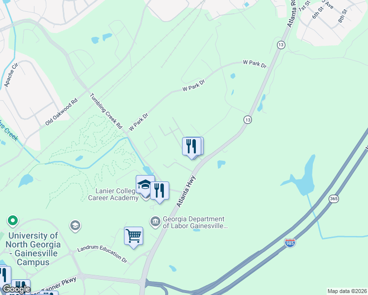 map of restaurants, bars, coffee shops, grocery stores, and more near 2630 Creek Mill Lane in Gainesville
